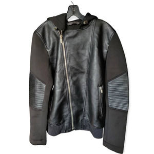 Zara Man Faux Leather Moto Style Hooded Jacket Black Size Large